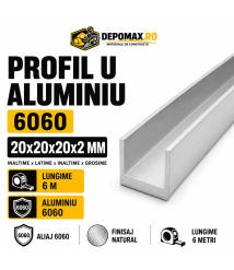 Profil U aluminiu 20 x 20 x 20 x 2 mm, 6 metri